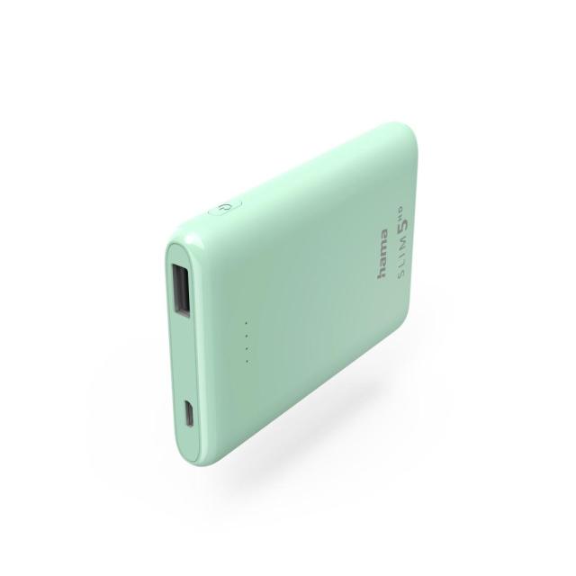 Външна батерия HAMA SLIM 5HD, 5 000 mAh, LiPolym, USB-A, Ментово зелено