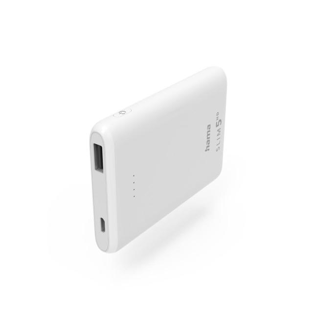 Външна батерия HAMA SLIM 5HD, 5 000 mAh, LiPolym, USB-A, Бял