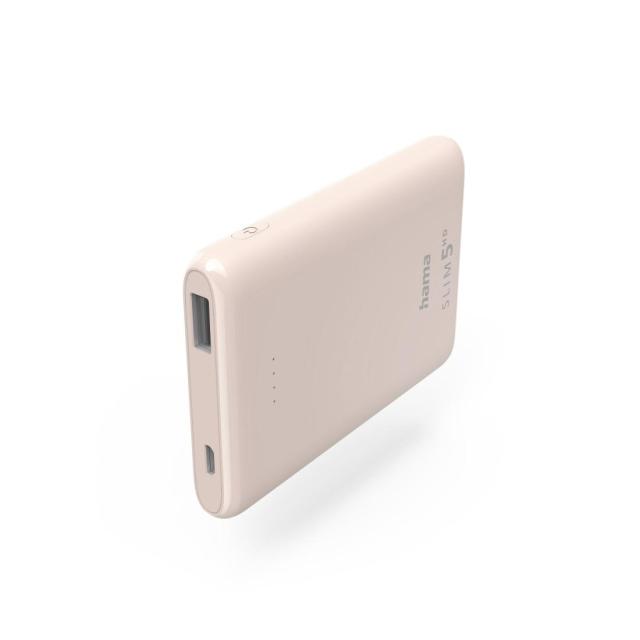 Външна батерия HAMA SLIM 5HD, 5 000 mAh, LiPolym, USB-A, Светло розов