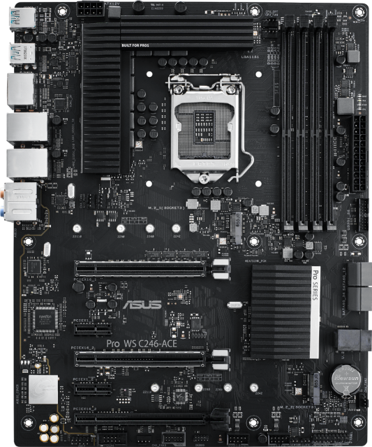 Дънна платка за сървър ASUS WS C246 PRO, LGA-1151, DDR4 2400/2666 ECC & non ECC UDIMM, 2x GLAN, 8x SATA 6Gb/s, dual M.2, RAID 0/1/5/10, 1x USB 3.1 Type C, ATX