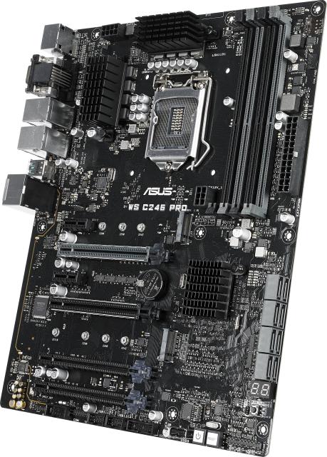 Дънна платка за сървър ASUS WS C246 PRO, LGA-1151, DDR4 2400/2666 ECC & non ECC UDIMM, 2x GLAN, 8x SATA 6Gb/s, dual M.2, RAID 0/1/5/10, 1x USB 3.1 Type C, ATX
