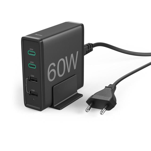 Мрежово зарядно HAMA, 60 Watt, PD, QC3.0, 2x USB-A, 2x USB-C, Черен