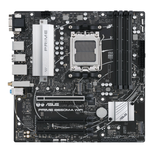 Дънна платка ASUS PRIME B650M WI-FI 6, AM5, (DisplayPort, VGA, HDMI) 4 x DDR5, Aura Sync, PCIe 5.0 SSD, ATX 