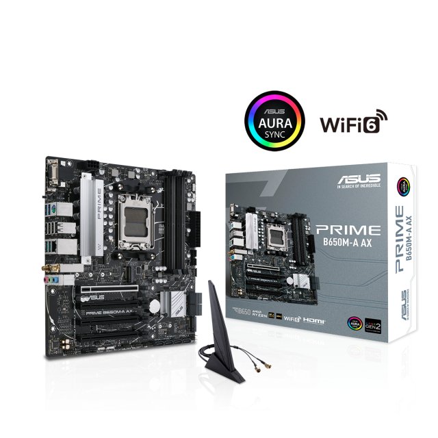 Дънна платка ASUS PRIME B650M WI-FI 6, AM5, (DisplayPort, VGA, HDMI) 4 x DDR5, Aura Sync, PCIe 5.0 SSD, ATX 