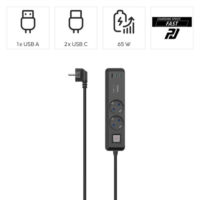 Разклонител Hama ,2-гнезда, USB-C/A 65 W, PD, ключ on/off , 1.4 m, черен/сив