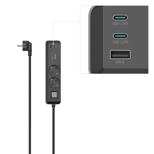 Разклонител Hama ,2-гнезда, USB-C/A 65 W, PD, ключ on/off , 1.4 m, черен/сив