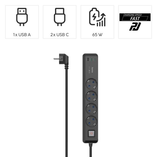 Разклонител Hama, 4-гнезда, USB-C/A 65 W, PD, ключ on/off, 1,4 м, черен/сив