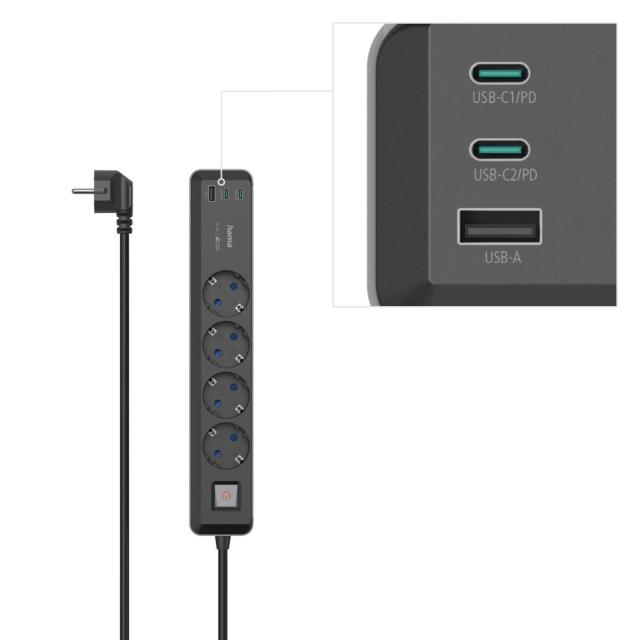 Разклонител Hama, 4-гнезда, USB-C/A 65 W, PD, ключ on/off, 1,4 м, черен/сив