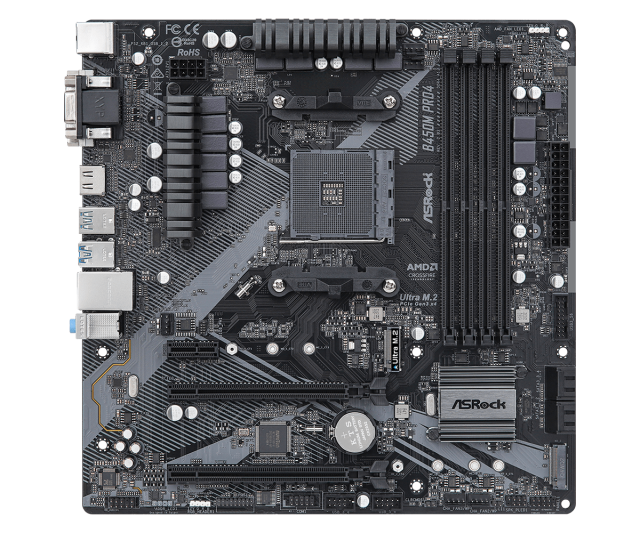 Дънна платка ASRock B450M Pro4 R2.0, B450, AM4, 4 x DDR4, PCI-E 3.0 (HDMI/DVI/VGA)(CFX), 4 x SATA 6Gb/s, 2x M.2, 1x USB 3.2 Gen 2 Type-C, Micro ATX