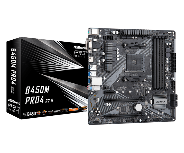 Дънна платка ASRock B450M Pro4 R2.0, B450, AM4, 4 x DDR4, PCI-E 3.0 (HDMI/DVI/VGA)(CFX), 4 x SATA 6Gb/s, 2x M.2, 1x USB 3.2 Gen 2 Type-C, Micro ATX