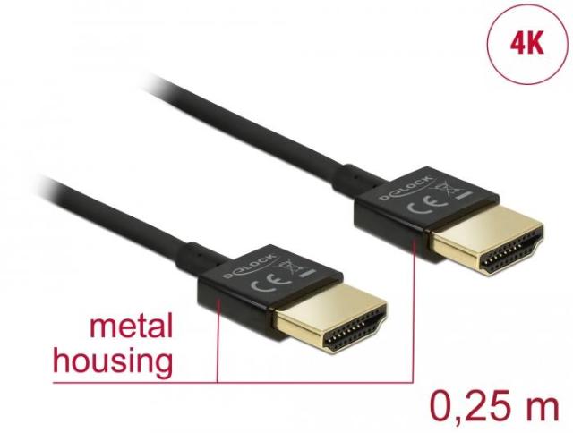 Кабел Delock  HDMI-A мъжко - HDMI-A мъжко, Ethernet, 3D, 4K, 0.25 м, Черен