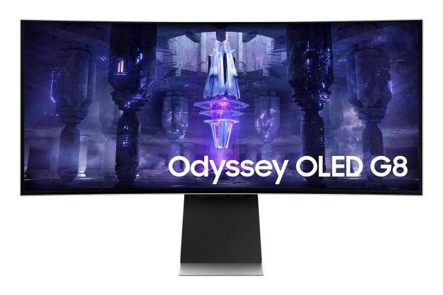 Монитор Samsung Odyssey OLED G8 G85SB, 34" (86.36 cm) CURVED OLED, 1800R, 175 Hz, 0.1 ms GTG, 21:9, 3440 x 1440, DisplayHDR True Black 400, 250 cd/m2, 1 000 000:1 Contrast, FreeSync , Smart, 2xUSB-C, Mini DP, Micro HDMI, Wi-Fi 5, BT 5.2, Speakers