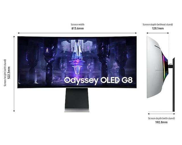 Монитор Samsung Odyssey OLED G8 G85SB, 34" (86.36 cm) CURVED OLED, 1800R, 175 Hz, 0.1 ms GTG, 21:9, 3440 x 1440, DisplayHDR True Black 400, 250 cd/m2, 1 000 000:1 Contrast, FreeSync , Smart, 2xUSB-C, Mini DP, Micro HDMI, Wi-Fi 5, BT 5.2, Speakers