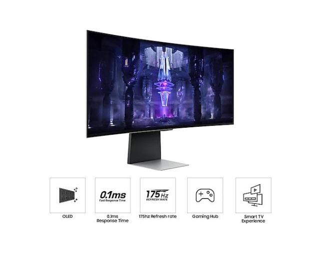 Монитор Samsung Odyssey OLED G8 G85SB, 34" (86.36 cm) CURVED OLED, 1800R, 175 Hz, 0.1 ms GTG, 21:9, 3440 x 1440, DisplayHDR True Black 400, 250 cd/m2, 1 000 000:1 Contrast, FreeSync , Smart, 2xUSB-C, Mini DP, Micro HDMI, Wi-Fi 5, BT 5.2, Speakers