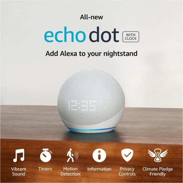 Tонколона смарт Amazon Echo Dot 5, Bluetooth, Wi-Fi, Audio jack 3.5 mm, Гласов асистент, Alexa, Часовник, Бял