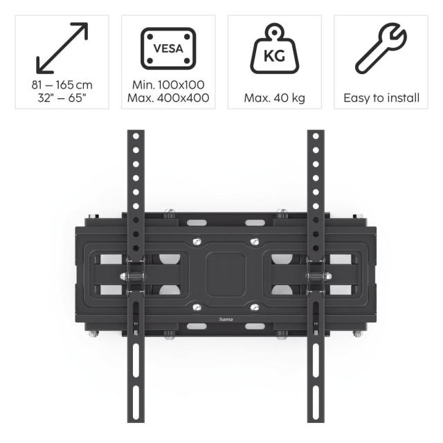 Метална стойка за TV Hama FULLMOTION, 165 см (65"), 40 кг, Черна