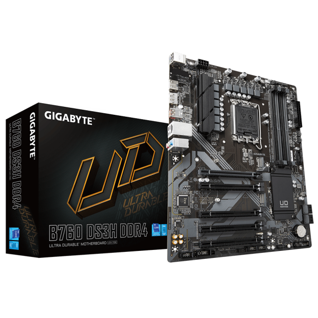 Дънна платка GIGABYTE B760 DS3H, LGA1700, 4 x DDR4, (DP/HDMI), 4 x SATA 6Gb/s, 2 x M.2, 1 x USB Type-C, ATX 