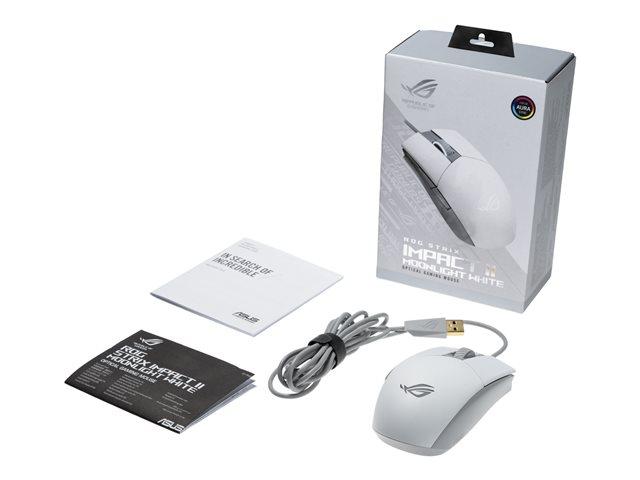 Мишка ASUS ROG Strix Impact II Moonlight White, оптична (6 200 dpi), 5 бутона, подсветка, бяла