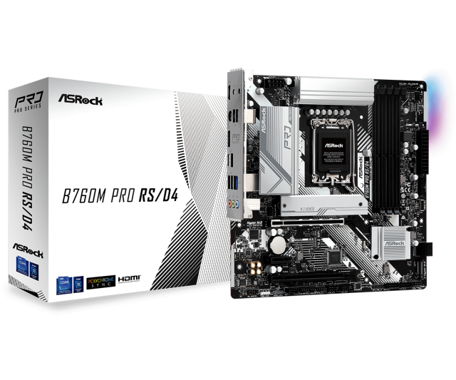 Дънна платка ASRock B760M PRO RS, LGA1700, 4xDDR4, PCI-E 3.0 (HDMI/DP), 4x SATA 6Gb/s, 1x M.2, 1x USB Type-C, Micro ATX