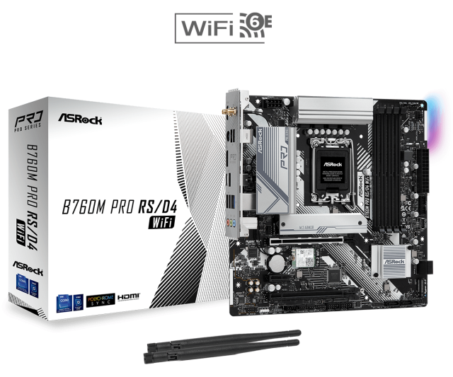 Дънна платка ASRock B760M PRO RS WIFI 6E, LGA1700, 4xDDR4, PCI-E 3.0 (HDMI/DP), 4x SATA 6Gb/s, 1x M.2, 1x USB Type-C, Micro ATX