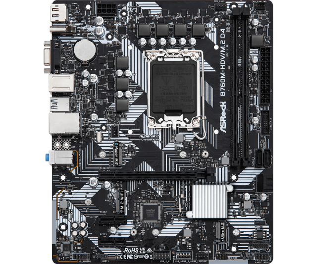 Дънна платка ASRock B760M-HDV M.2 Gen4, LGA1700, 4xDDR4, PCI-E 3.0 (HDMI/DP/VGA), 4x SATA 6Gb/s, 1x M.2, 1x USB Type-C, ATX