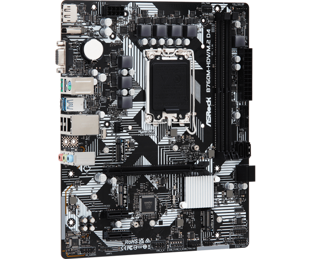 Дънна платка ASRock B760M-HDV M.2 Gen4, LGA1700, 4xDDR4, PCI-E 3.0 (HDMI/DP/VGA), 4x SATA 6Gb/s, 1x M.2, 1x USB Type-C, ATX