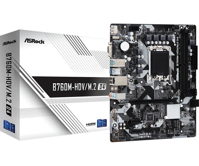 Дънна платка ASRock B760M-HDV M.2 Gen4, LGA1700, 4xDDR4, PCI-E 3.0 (HDMI/DP/VGA), 4x SATA 6Gb/s, 1x M.2, 1x USB Type-C, ATX