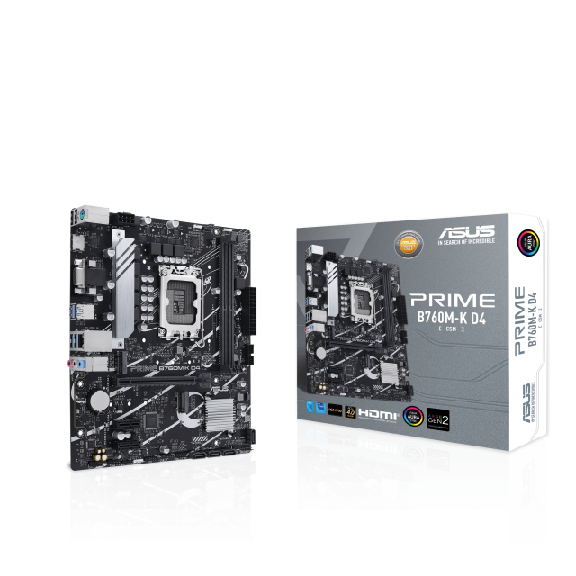 Дънна платка ASUS PRIME B760M-K D4, PCIe 4.0, LGA 1700, (HDMI/VGA), 2xDDR4, 4 x SATA 6Gb/s, 2xM.2 Gen4, Aura Sync, mATX