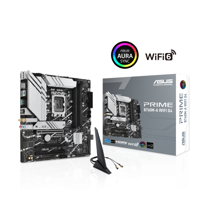 Дънна платка ASUS PRIME B760M-A WIFI D4, PCIe 4.0, LGA1700, 4xDDR4, 4 x SATA 6Gb/s, 2xM.2 Gen4, WiFi 6, 2xHDMI/DP, mATX