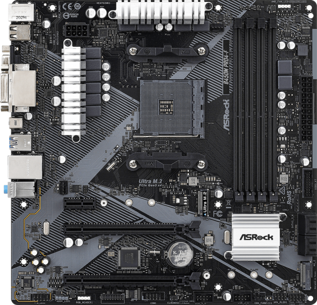 Дънна платка ASRock B450M Pro4-F R2.0, B450, AM4, 4xDDR4, PCI-E 3.0 (CFX) (HDMI/DVI/VGA), 4x SATA 6Gb/s, 2x M.2, 1x USB 3.2 Gen 1 Type-C, Micro ATX