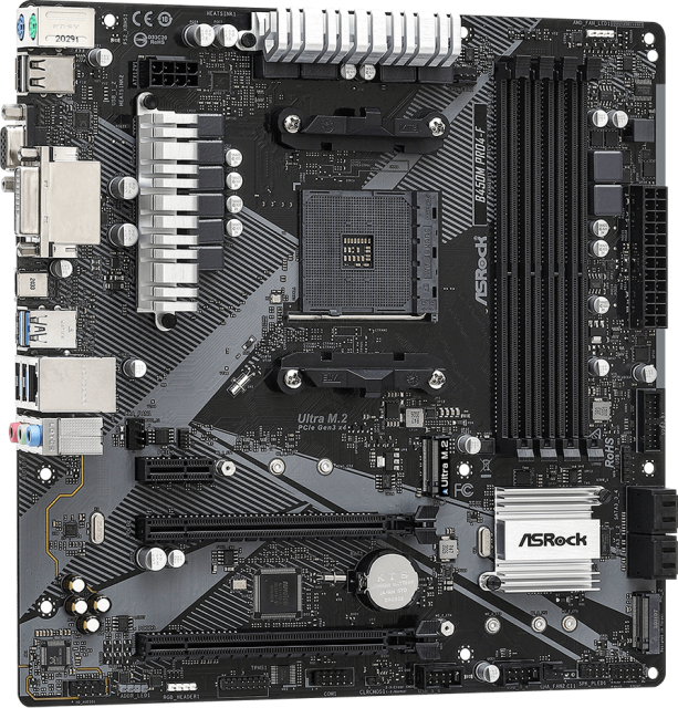 Дънна платка ASRock B450M Pro4-F R2.0, B450, AM4, 4xDDR4, PCI-E 3.0 (CFX) (HDMI/DVI/VGA), 4x SATA 6Gb/s, 2x M.2, 1x USB 3.2 Gen 1 Type-C, Micro ATX