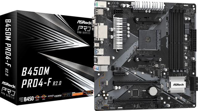 Дънна платка ASRock B450M Pro4-F R2.0, B450, AM4, 4xDDR4, PCI-E 3.0 (CFX) (HDMI/DVI/VGA), 4x SATA 6Gb/s, 2x M.2, 1x USB 3.2 Gen 1 Type-C, Micro ATX