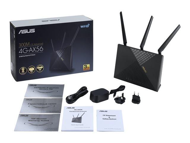 Рутер Asus 4G-AX56 Wireless AX1800 Dual-band 3G/4G LTE, 1800Mbps, 2.4GHz (574 Mbps) / 5GHz (1201 Mbps), Wireless AX, 4x LAN1000, 1x WAN1000, 1x SIM слот