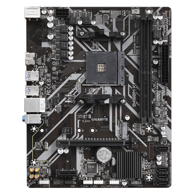 Дънна платка GIGABYTE B450M K rev. 1.0, Socket AM4, 2 x DDR4,(HDMI), 4 x SATA3 6.0 Gb/s, M.2 NVMe, mATX 