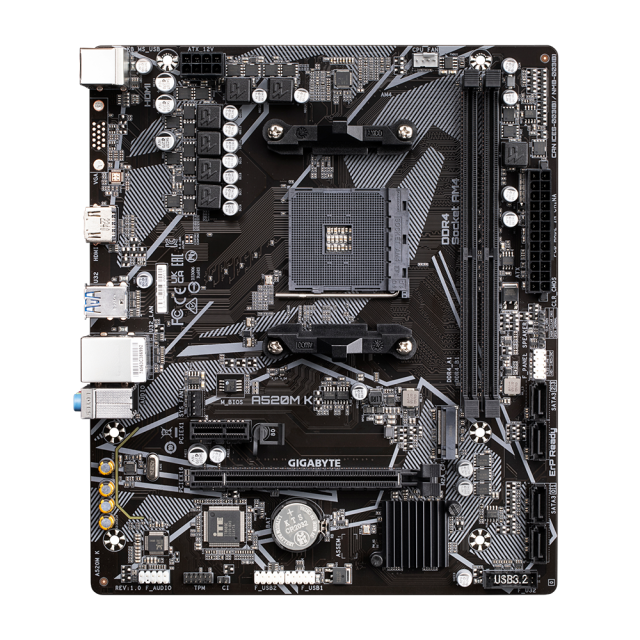 Дънна платка GIGABYTE A520M K, Socket AM4, 2xDDR4, (HDMI), M.2 NVMe, mATX