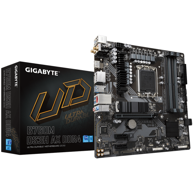 Дънна платка GIGABYTE B760M DS3H AX, LGA1700, 4xDDR4, (HDMI/DP), WIFI 6E, PCIe 4.0, 2xM.2 NVMe, USB Type-C, ATX