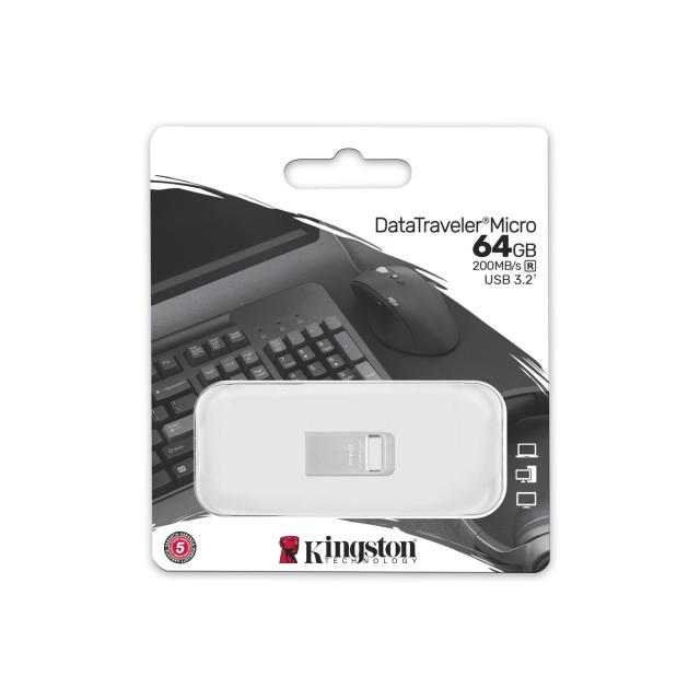 USB памет KINGSTON 64GB DataTraveler Micro 200MB/s Metal, USB 3.2 Gen 1, Сребрист