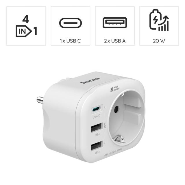 Мултипортов контакт HAMA, 4 гнезда, 1 x USB-C PD, 2 x USB-A, 20W, Бял