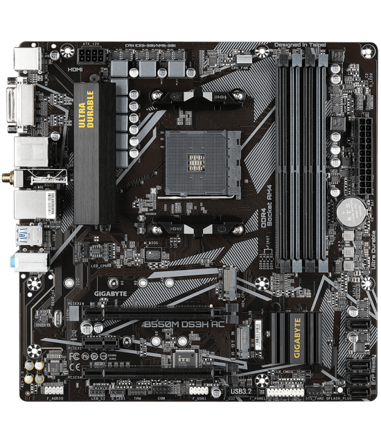 Дънна платка GIGABYTE B550M DS3H AC, Socket AM4, WIFI, M.2 NVMe PCIe 4.0/3.0, 4 x DDR4, mATX 