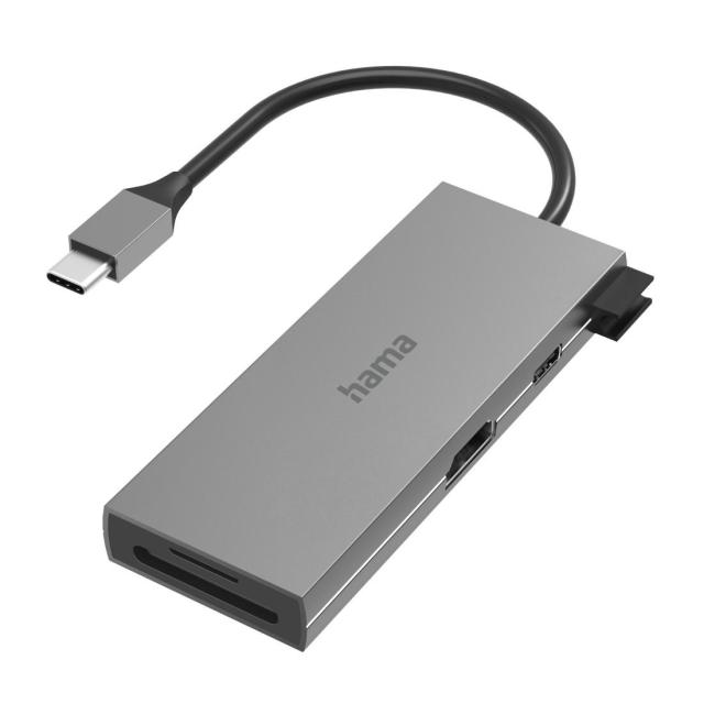 Хъб HAMA 6-портов Multiport, 2 x USB-A, USB-C, HDMI, SD, microSD, Сив