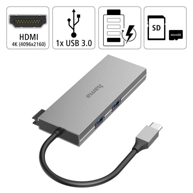 Хъб HAMA 6-портов Multiport, 2 x USB-A, USB-C, HDMI, SD, microSD, Сив