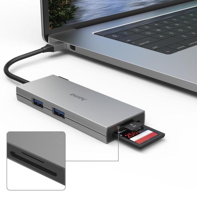 Хъб HAMA 6-портов Multiport, 2 x USB-A, USB-C, HDMI, SD, microSD, Сив