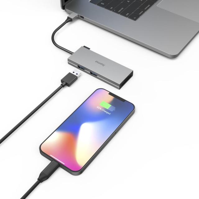 Хъб HAMA 6-портов Multiport, 2 x USB-A, USB-C, HDMI, SD, microSD, Сив