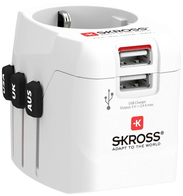 Адаптер SKROSS PRO Light Schuko, 2 x USB-A, World, Бял