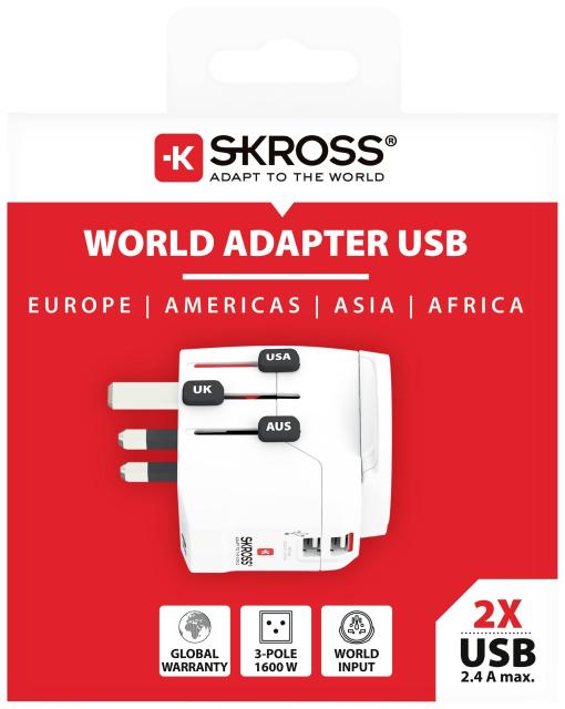 Адаптер SKROSS PRO Light Schuko, 2 x USB-A, World, Бял