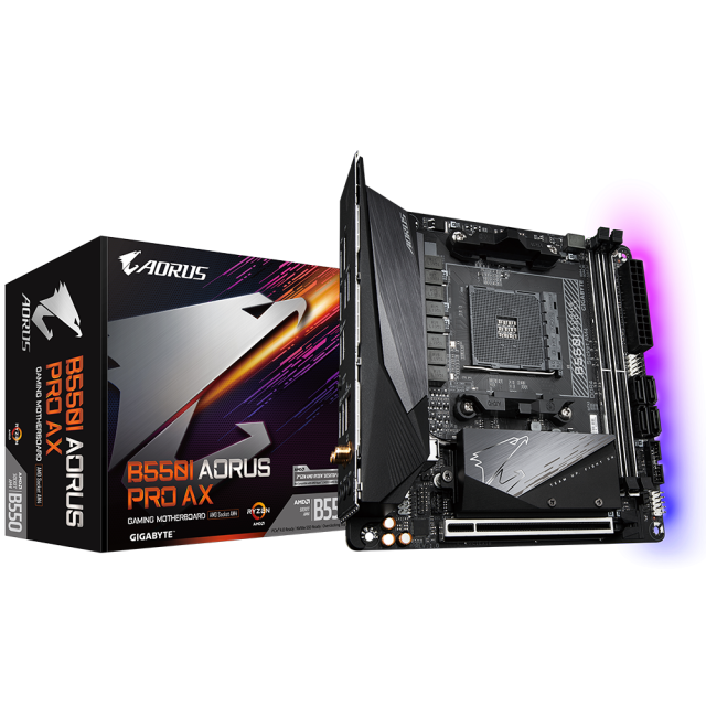 Дънна платка Gigabyte B550I AORUS PRO AX, AM4, B550, DDR4, PCI-E 4.0 (CFX), 4x SATA 6Gb/s, 2x M.2, USB 3.2 Gen 1, Wi-Fi, Bluetooth 5.1, HDMI, DP, RGB Fusion 2.0, Mini-ITX