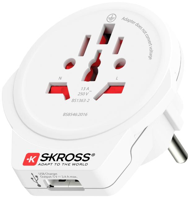 Адаптер SKROSS 1500266, Schuko World to Europe , USB, Бял