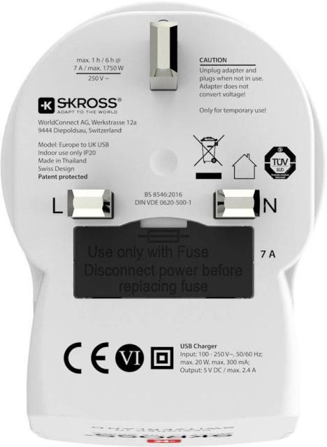 Адаптер SKROSS 1500280, Schuko Europe to UK , USB, Бял