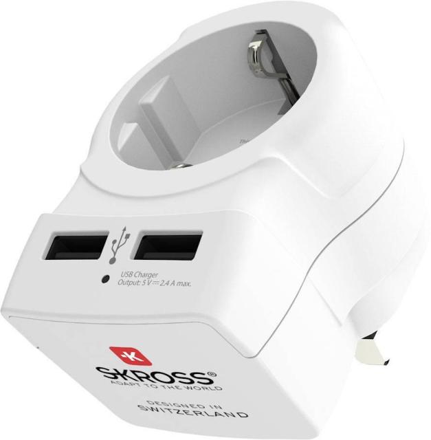 Адаптер SKROSS 1500280, Schuko Europe to UK , USB, Бял