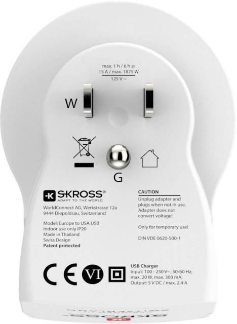 Адаптер SKROSS 1500280, Schuko Europe to USA, USB, Бял